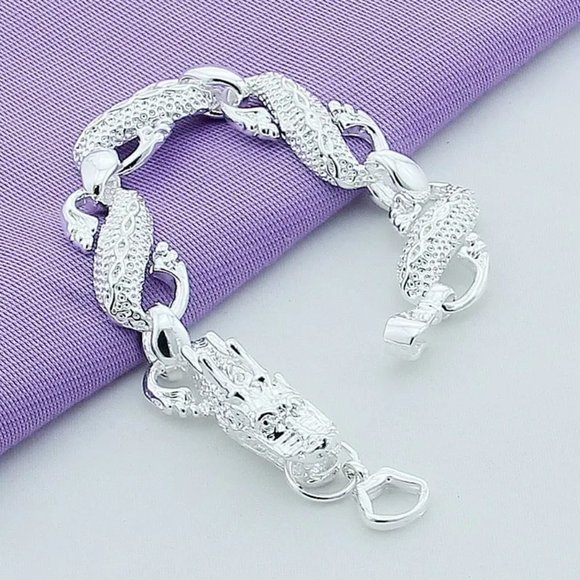 Stunning Full Big Dragon 8" Sterling Silver Stamped Bracelet - Picture 3 of 8